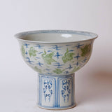 Green and Blue Porcelain Crane and Clouds Large Footed Bowl