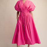 Pleated Waist Tie Dolman Sleeve Midi Dress