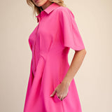 Short-Sleeve Pleated Shirt Mini Dress