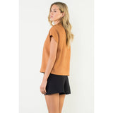 Button Detail Short Sleeve Suede Top