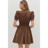 Solid short puff sleeve V-neck mini dress