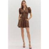 Solid short puff sleeve V-neck mini dress