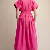 Pleated Waist Tie Dolman Sleeve Midi Dress