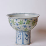 Green and Blue Porcelain Crane and Clouds Large Footed Bowl