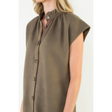 Button Front Ruffle Collar Suede Dress