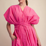 Pleated Waist Tie Dolman Sleeve Midi Dress