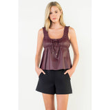 Leather Ruched Strap Peplum Tank