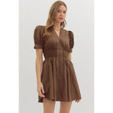 Solid short puff sleeve V-neck mini dress