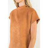 Button Detail Short Sleeve Suede Top