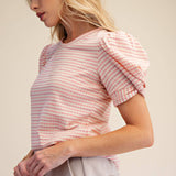 Round Neck Puff Sleeve Stripe Top