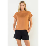 Button Detail Short Sleeve Suede Top